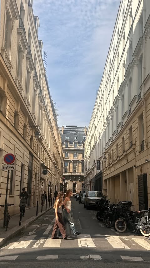 Rocío Pardo y Rufina caminaron por un paso de peatones en una calle de París