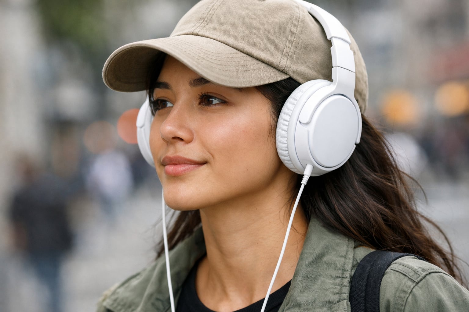 Una joven con gorra y auriculares con cable disfruta de un momento de música y tranquilidad mientras está sentada en una banca en un parque urbano. (Imagen Ilustrativa Infobae)