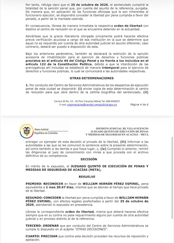 El Juzgado Quinto de Ejecución de Penas de Acacías, Meta, concedió la libertad por pena cumplida al exgobernador de Casanare William Hernán Pérez Espinel, cuya salida de prisión podrá hacerse efectiva a partir del 25 de octubre de 2026 - crédito Rama Judicial