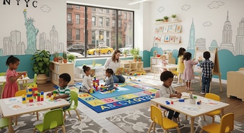 Niños de diversas etnias en una luminosa guardería de Nueva York, jugando con bloques, dibujando y pintando, con una maestra leyendo en el centro.