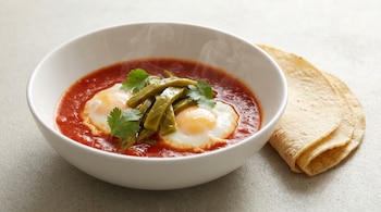 Primer plano de un tazón blanco con huevos escalfados en salsa roja, nopales y cilantro, con vapor ascendiendo. Dos tortillas de maíz al lado sobre una superficie clara.
