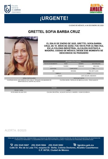 Alerta Amber emitida por la Fiscalía CDMX para localizar a Grettel Sofía Barba Cruz