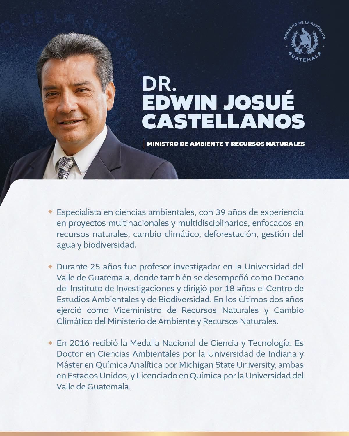 El Gobierno de Guatemala presenta la trayectoria académica y profesional de Edwin Josué Castellanos como ministro de Ambiente y Recursos Naturales. (Ministerio de Ambiente y Recursos Naturales)