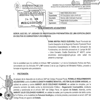 Documento oficial del Ministerio Público de Perú, con sello de recibido fechado 24 JUL 2026, y una tabla con detalles de caso, expediente, imputado y delitos