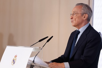 El presidente del Real Madrid, Florentino Pérez, durante una presentación el pasado 17 de abril. EFE/ Javier Lizón
