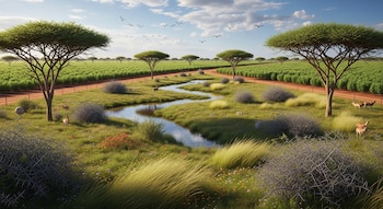Um lugar onde os rios serpenteiam entre pastagens e árvores de savana, rodeados por arrozais. Animais como avestruzes e gazelas podem ser vistos.