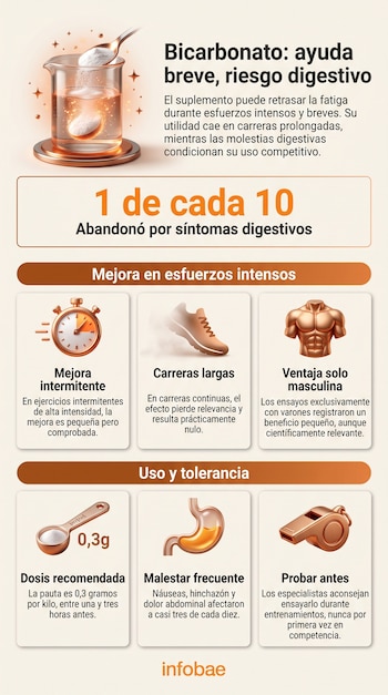 Infografía con un vaso de laboratorio, un cronómetro, un calzado, un torso masculino, una cuchara medidora, un estómago y un silbato.