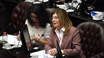 Una mujer con anteojos y saco pardo se encuentra en una banca legislativa junto a otra mujer que revisa documentos