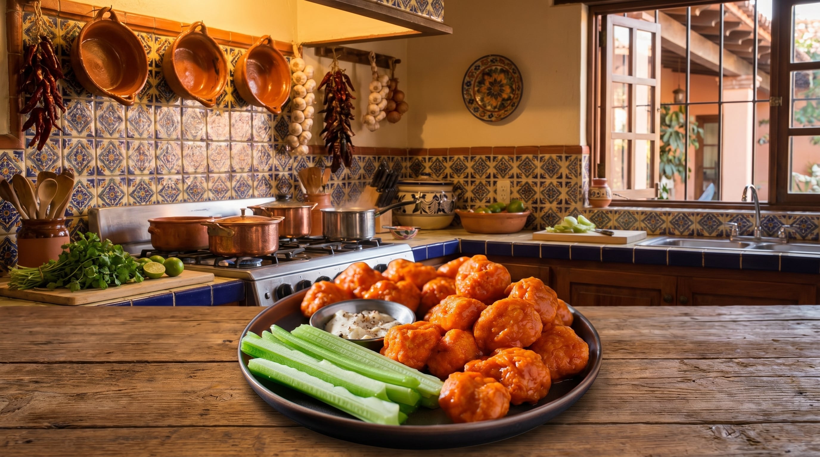 Un plato de boneless caseros picantes se sirve con apio fresco y aderezo en una mesa rústica, destacando la calidez de una cocina tradicional mexicana con azulejos vibrantes. (Imagen Ilustrativa Infobae)
