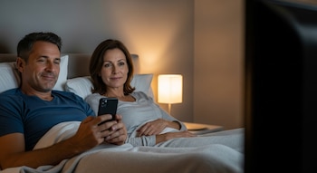 Hombre y mujer de mediana edad acostados en la cama; él sonríe mirando su celular y ella mira una televisión fuera de cuadro, con una lámpara encendida al fondo.