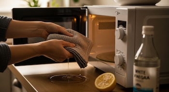 Manos colocan un trapo de cocina húmedo en un microondas abierto. Una gota de líquido cae en la encimera junto a medio limón y una botella de vinagre.