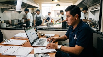 Un hombre en un escritorio con laptop, calculadora y documentos trabaja frente a un ventanal que da a la cocina de un restaurante.