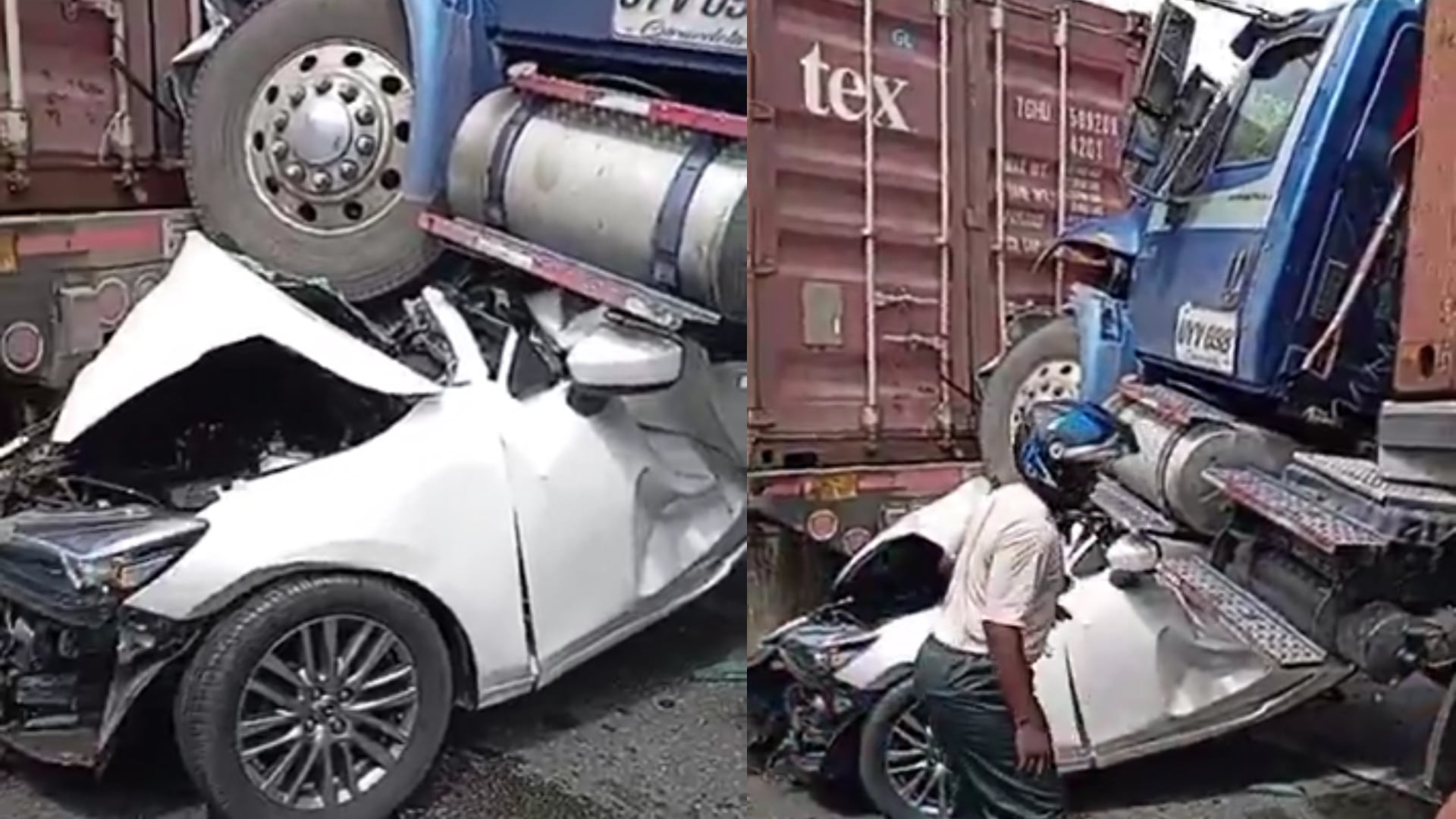 El accidente vehicular en la vía Buga-Buenaventura involucró dos tractomulas y un vehículo particular en el sector del corregimiento de Córdoba - crédito Fotomontaje Infobae (@OjosdeBuga/X)
