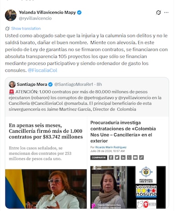 Villavicencio también advirtió sobre posibles consecuencias legales frente a las acusaciones que considera falsas y sostuvo que durante su periodo se financiaron 105 proyectos mediante procesos participativos y con los cónsules como ordenadores del gasto - crédito @ryvillavicencio/X