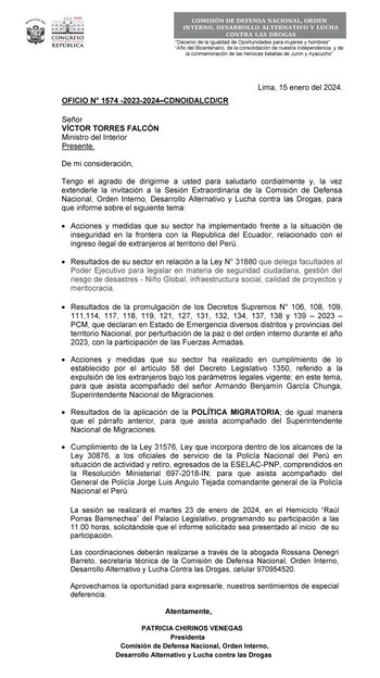 Oficio enviado al ministro del Interior.