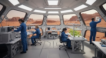 Interior de un hábitat con cuatro personas en uniformes azules, equipos científicos, plantas en crecimiento y ventanas que muestran un paisaje desértico con colinas rojas.