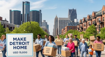 Vista de un grupo diverso de personas sonrientes llevando cajas de mudanza por una calle de Detroit con un cartel 'Make Detroit Home USD 15,000' y rascacielos al fondo.