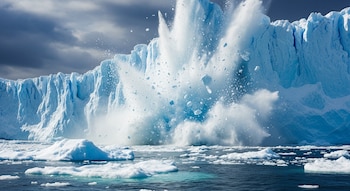 Una gran pared de hielo glaciar azul se desprende, creando una explosión de nieve, agua y fragmentos de hielo sobre un mar oscuro con témpanos flotantes.
