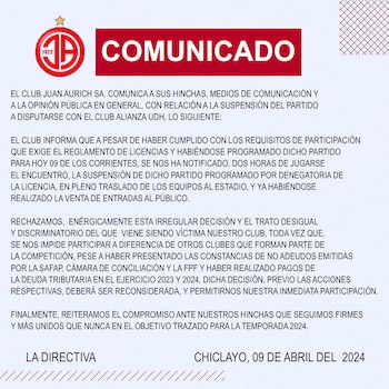 Comunicado de Juan Aurich respecto