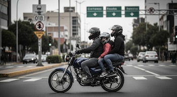 Una motocicleta azul con dos adultos y un niño en medio, todos con cascos, circula por una calle urbana. Hay tráfico y edificios desenfocados de fondo.