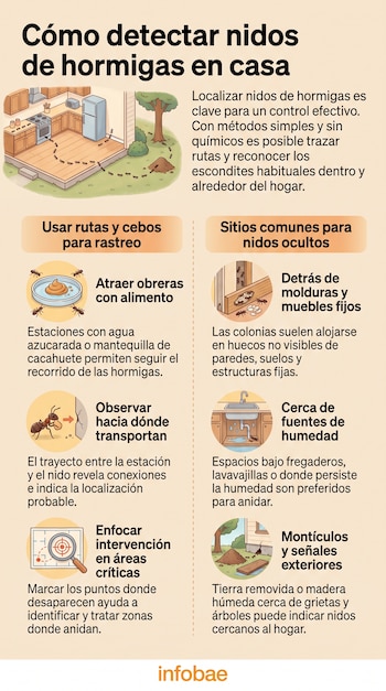 Infografía con título Cómo detectar nidos de hormigas en casa, ilustraciones de hormigas en cocina, exteriores, cebo, nidos en pared, fregadero y mapa de rastreo.