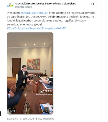 La Asociación de Profesionales del Sector Minero Colombiano celebró la reactivación de la venta de carbón a Israel - crédito @apmcolombia/X