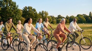 Grupo diverso de hombres y mujeres de varias edades andando en bicicleta en un parque urbano con árboles y césped, bajo un cielo azul y luz dorada del atardecer.