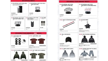 Catálogo de productos con fotografías de prendas, accesorios y un bastón de luz con sus respectivos precios en soles