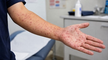 Brazo y palma de una mano con numerosas lesiones cutáneas rojizas. Al fondo se observa una camilla con sábana blanca y un mueble con productos médicos