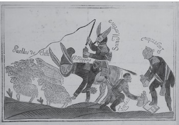 Caricatura histórica en blanco y negro. San Martín monta a O'Higgins con orejas de burro y arrea ovejas 'Pueblos de Chile'. Pueyrredón y Tagle presentes