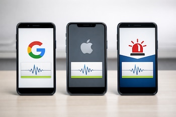 Tres teléfonos inteligentes en fila sobre una mesa, con pantallas que muestran un logo (Google, Apple, sirena roja) y un gráfico de ondas.