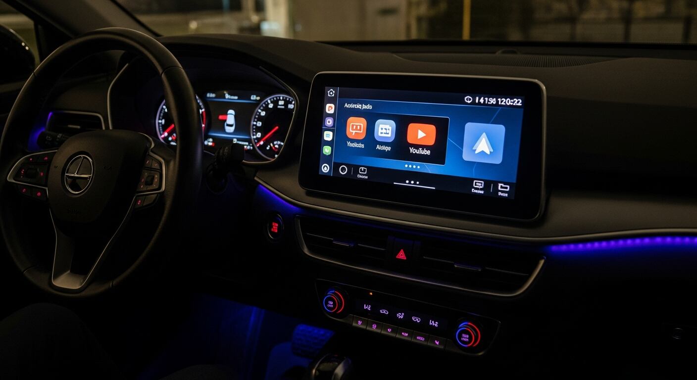 El habitáculo de un vehículo moderno muestra su sistema de infoentretenimiento con Android Auto en uso, exhibiendo iconos de aplicaciones como YouTube, iluminado por una luz ambiental azul. (Imagen Ilustrativa Infobae)