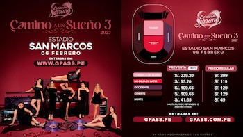 Cartel informativo con las integrantes del grupo Corazón Serrano, el mapa del Estadio San Marcos y una lista de precios de entradas