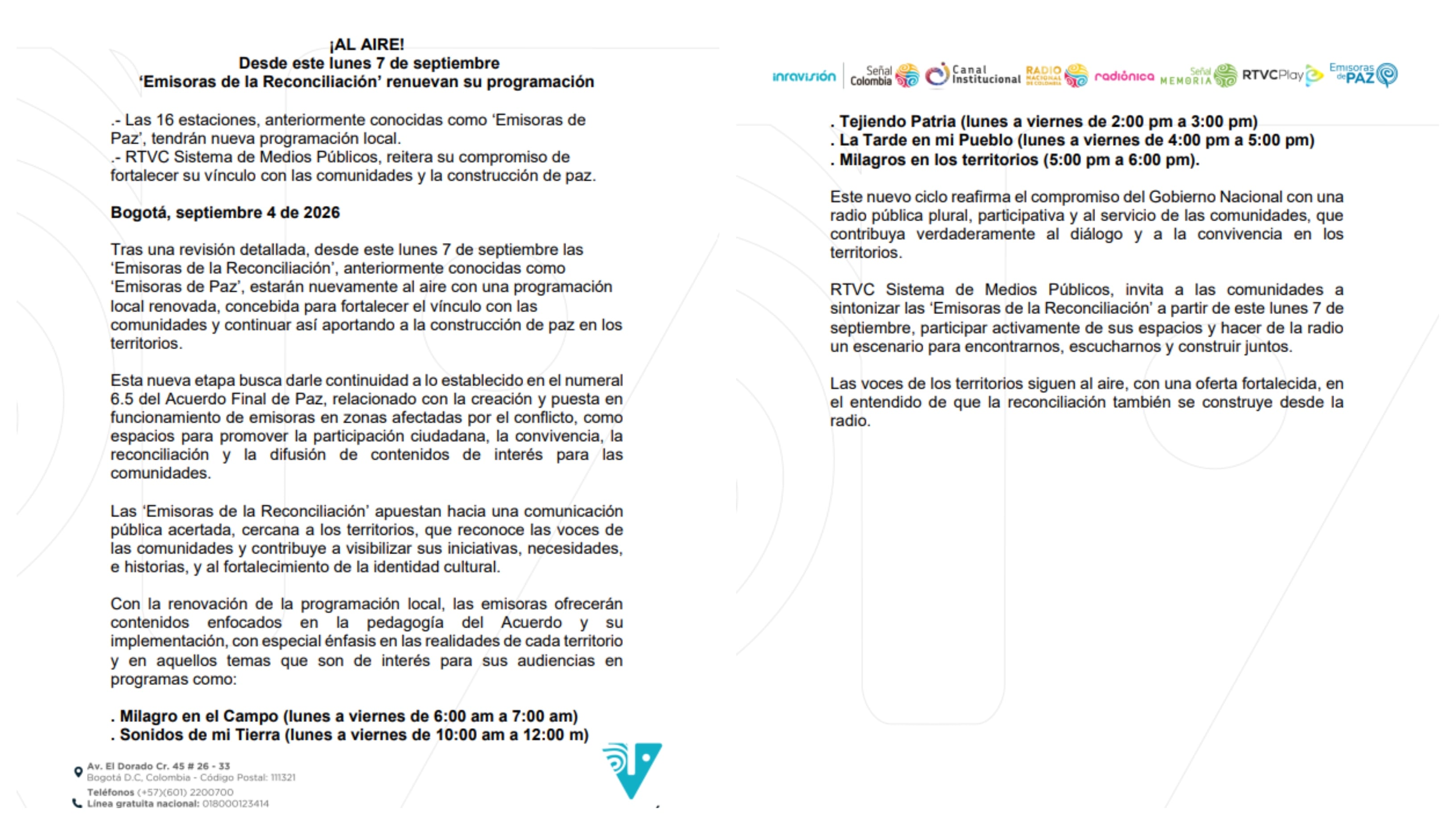 Inravisión dio a conocer el nuevo nombre y cinco programas que se añadirán a las emisoras de paz - crédito Inravisión
