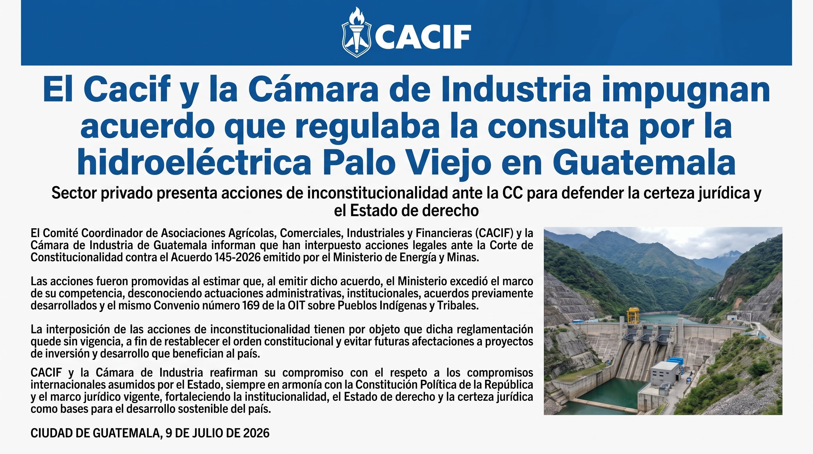 El Cacif y la Cámara de Industria impugnan acuerdo que regulaba la consulta por la hidroeléctrica Palo Viejo en Guatemala (Imagen Ilustrativa Infobae)