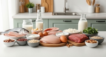 Una mesa de cocina blanca con pescado entero, salmón, pechugas de pollo, carne roja, huevos, leche, yogur, requesón, perejil, legumbres y frutos secos.