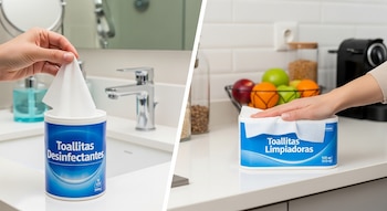 Imagen dividida: a la izquierda, una mano extrae una toallita desinfectante de un recipiente en un baño; a la derecha, una mano sobre toallitas limpiadoras en una cocina.