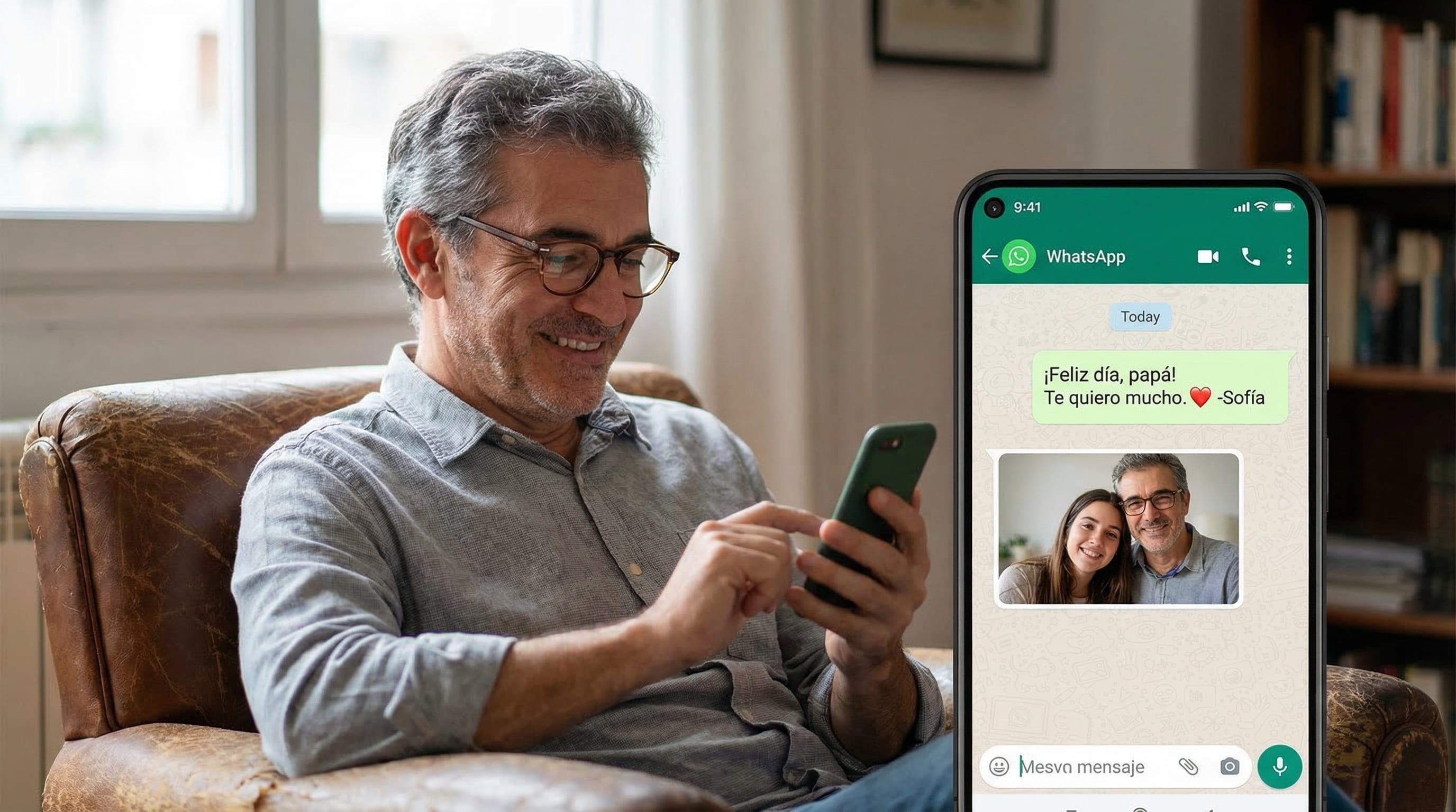 Un hombre sonríe al leer un emotivo mensaje de Día del Padre y una foto familiar recibida por WhatsApp en su teléfono móvil. (Imagen Ilustrativa Infobae)