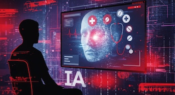 Silueta de persona sentada mirando una pantalla grande con una cabeza 3D digital, símbolos médicos, latidos de corazón y el texto 'IA' en un fondo abstracto de datos rojos y azules.