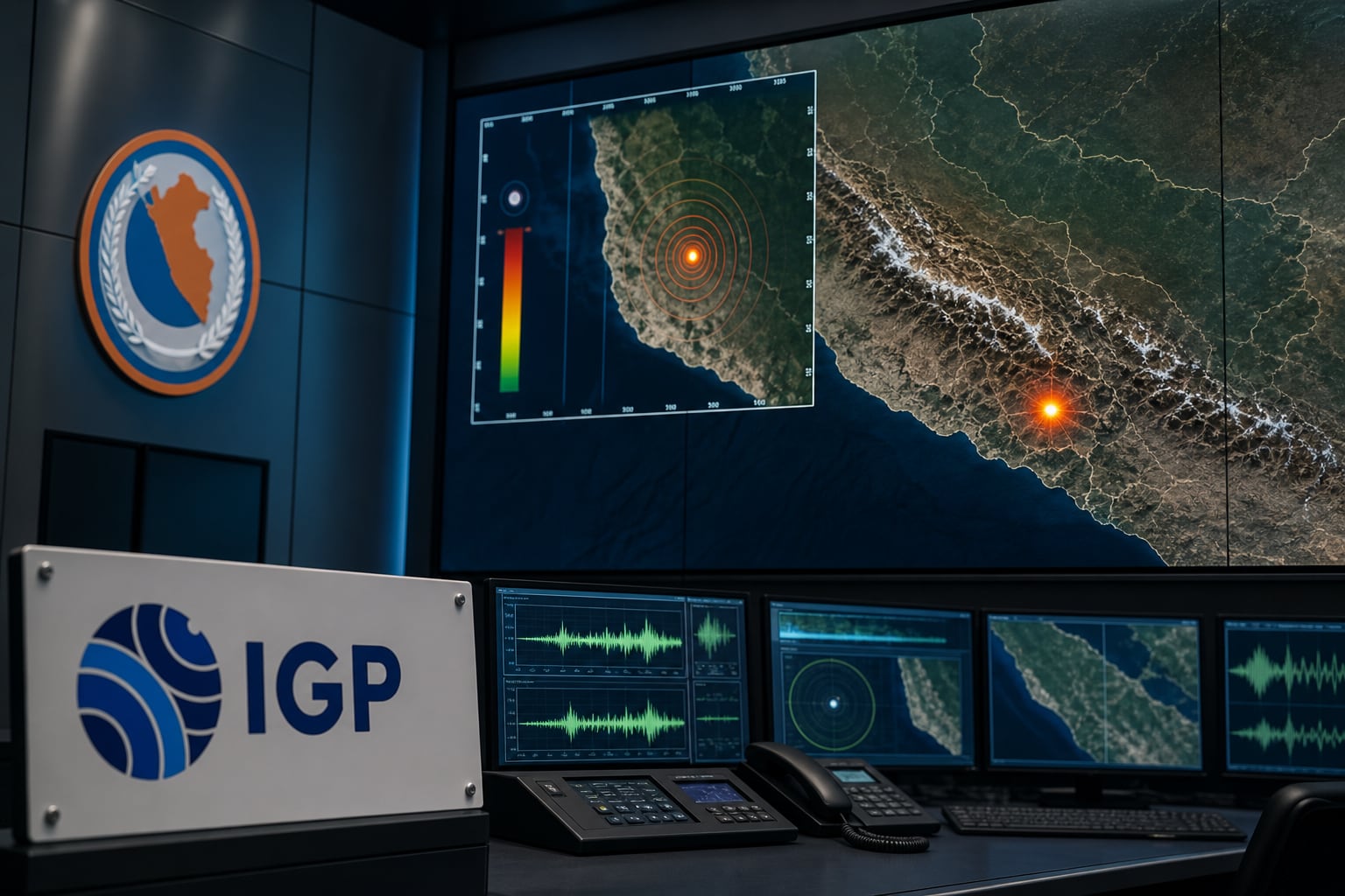 Una sala de control del Instituto Geofísico del Perú registra la actividad sísmica en Arequipa a través de pantallas con sismogramas y mapas topográficos. (Imagen Ilustrativa Infobae)