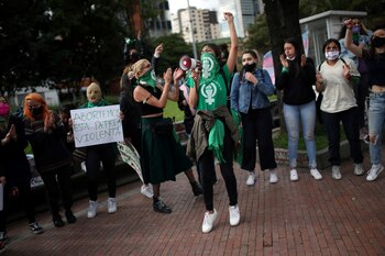 Demonstrators and activists take part in a rally in support of legal and safe abortion during a march to mark the International Safe Abortion Day in Bogota, Colombia September 28, 2020. Placard reads "let's abort this violent homeland". REUTERS/Luisa Gonzalez