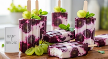 Paletas de yogur griego y uva sobre tabla de madera. Se observan uvas verdes y menta, una paleta mordida, y una tarjeta "HEALTHY & REFRESHING".
