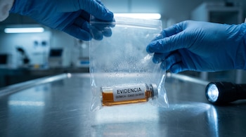 Manos con guantes azules sostienen una bolsa transparente con un frasco de líquido ámbar etiquetado como evidencia sobre una mesa metálica.