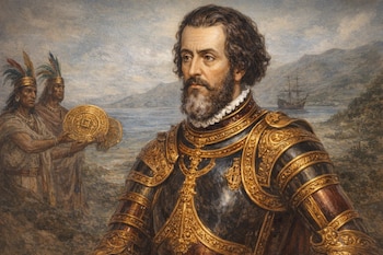 Pintura histórica: Hernán Cortés, en armadura dorada y oscura, recibe discos de oro de dos indígenas. Un galeón español se ve en el mar, con montañas.