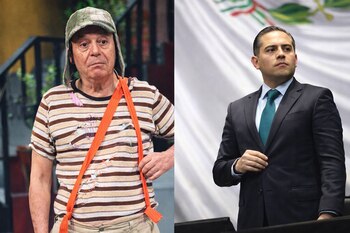 Roberto Gómez Bolaños caracterizado como El Chavo del 8, junto a Santiago Abascal de traje y corbata, con la bandera de México de fondo.