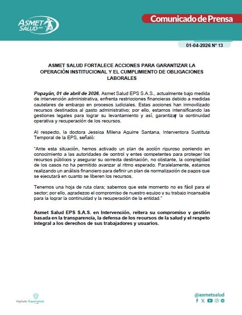 La entidad promotora de salud, bajo medida de intervención administrativa, sostuvo que enfrenta restricciones financieras que dificultan su operación - crédito colprensa/suministado a Infobae