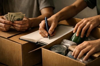 Manos cuentan billetes, escriben en un cuaderno y manipulan productos como una botella, una lata y paquetes en cajas de cartón.