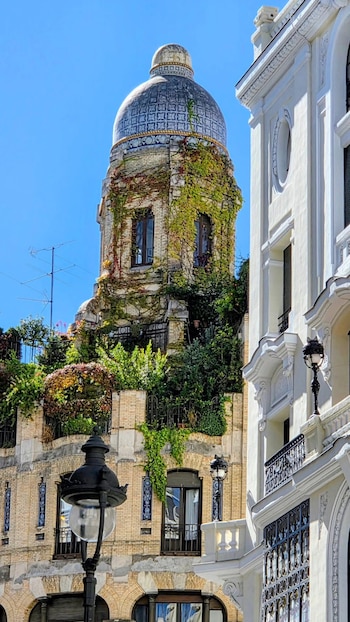 Torre de ladrillo con cúpula decorada y plantas trepadoras en sus muros, junto a la fachada blanca de un edificio y una farola de calle