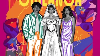 Ilustración de tres modelos (hombre y dos mujeres) con vestimenta que combina fotografía y bocetos, sobre un fondo vibrante con formas abstractas