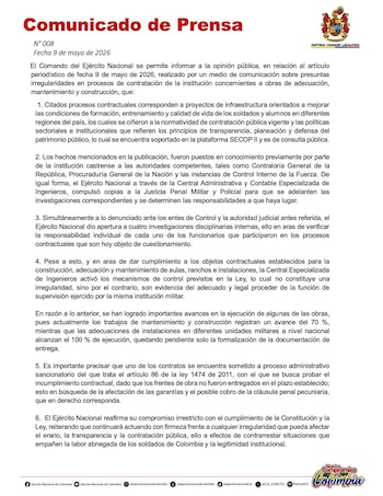 Comunicado oficial del Ejército sobre los contratos bajo investigación y las medidas adoptadas. - crédito Ejército